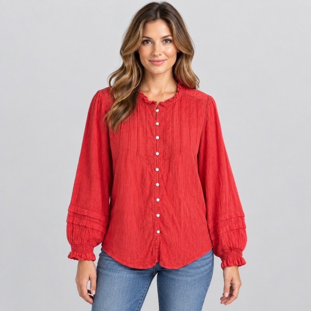 Faherty Womens M Coral Red Blouse Ruffle Neck Organic Cotton Boho Western Top
